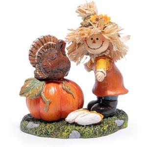 Hodao Thanksgiving Scarecrow with Turkey and Pumpkin Decoration, Fall Harvest Figurine Gift - Rustic Farmhouse Table Decor, Autumn Centerpiece for Home, Porch, Holiday Display (Green)