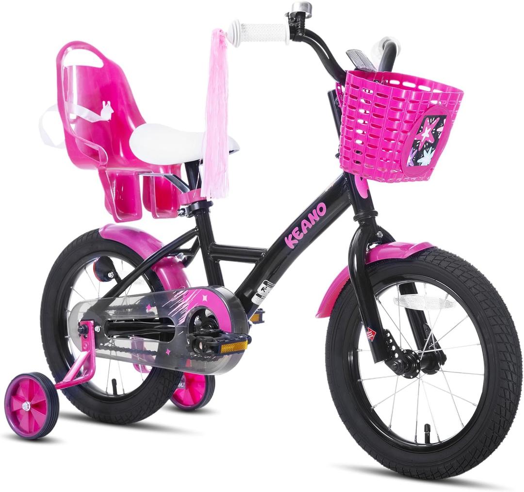 KEANO Zinnia 14 Inch Kids Bike for Girls Ages 3-10 Years, Girls' Bikes with Training Wheels, Streamers, Basket and Doll Seat, Children Bicycles