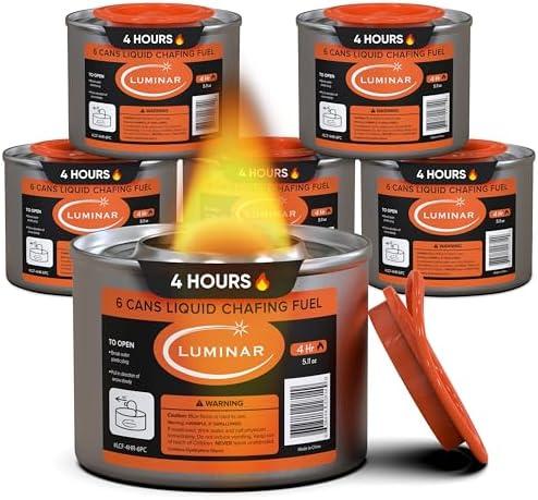 4 Hour Liquid Cooking Chafing Dish Fuel Cans, Food Warmer Heat for Buffet Burners, Parties, Weddings, Banquets, Catering Events, Bulk, Easy to Open, Resealable Covers (6)