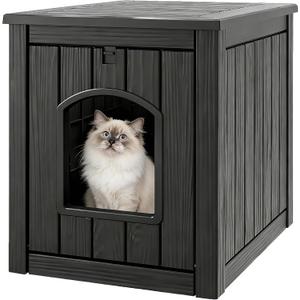 Litter Box Enclosure, Waterproof & Weatherproof Plastic Cat House for Indoor Outdoor Use, Multi-Functional Hidden Litter Box Furniture for Living Room, Backyard, Patio, Garage (Black)