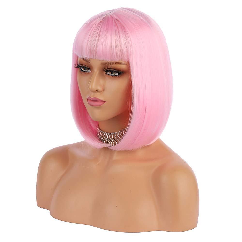 eNilecor Short Bob Hair Wigs 12" Straight with Flat Bangs Synthetic Colorful Cosplay Daily Party Wig for Women Natural As Real Hair+ Free Wig Cap (Light Pink)