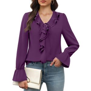 Funlingo Womens Blouses Dressy Casual Long Sleeve Ruffle Chiffon Top Ladies Spring Trendy Work Shirts 2026 (X-Large, Deep Violet)