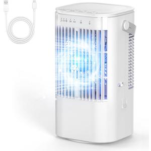 Portable Air Conditioners, 4-in-1 Mini Small Air Conditioner Evaporative Air Cooler Fan with 1000ml Water Tank, 3 Speeds & 7 LED Lights, Personal Mini AC with Timer for Bedroom, Desktop, Home, Office (White)