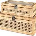 Large Decorative Box Lid Display, Woven Rattan Jewelry Box with Glass Boho Vintage Decor Craft Organizer Rattan