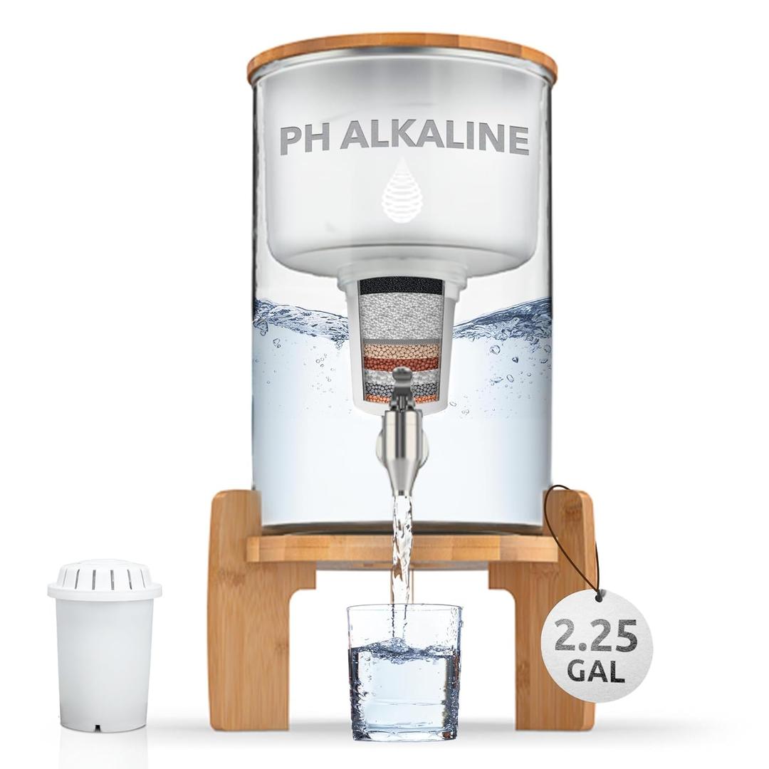 Invigorated Water pH Recharge Glass Alkaline Water Dispenser Filter System - Countertop Purifier Pitcher for Home and Office - High pH Pure Drinking Water Filtration - 36 Cups (Bamboo Classic Set)