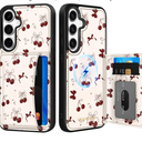 for Samsung Galaxy S25Plus/S24Plus Case with Wallet - Fits 4 Card Slots, Compatible with MagSafe for Women Leather Credit Card Holder Kickstand Cover for Samsung S25Plus/S24Plus, Bow Cherry