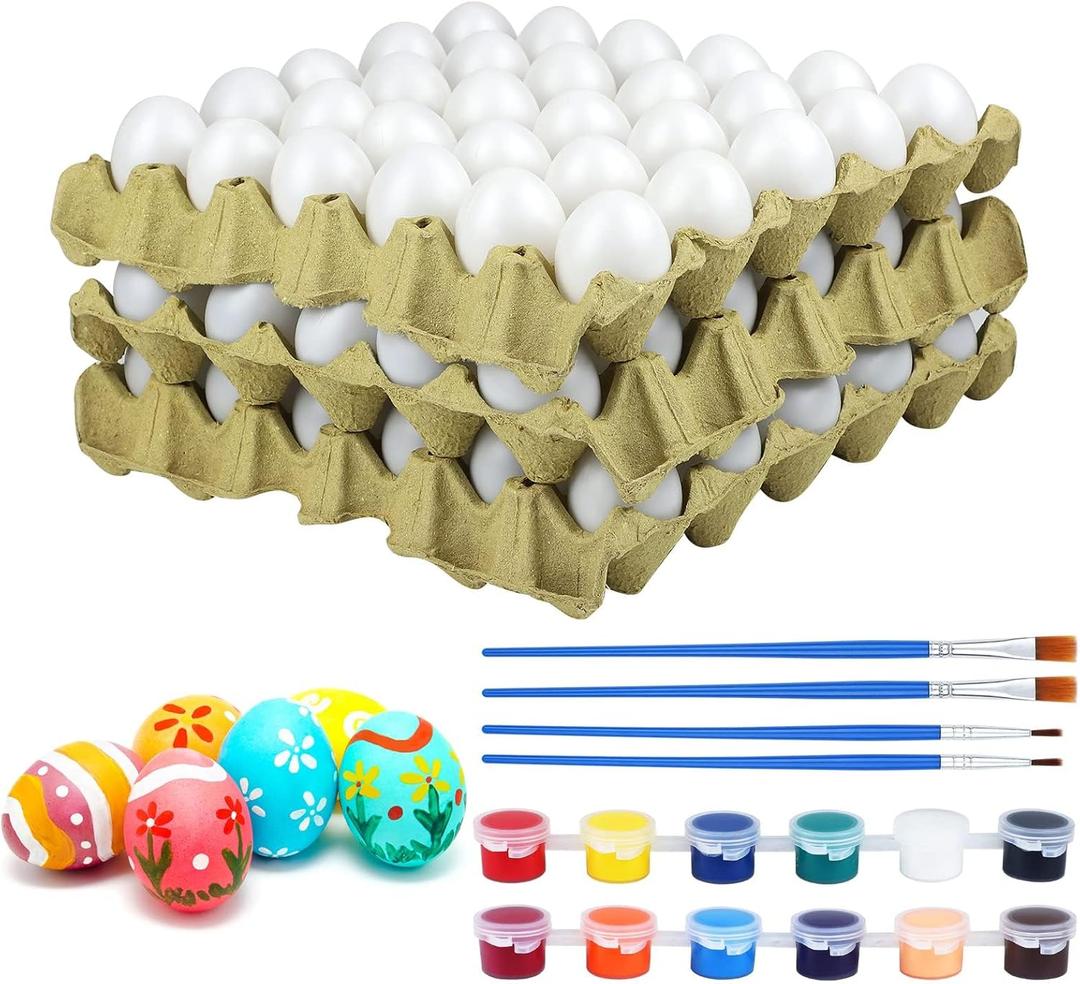 Fovths 90 Pieces White Plastic Eggs Easter Eggs Unpainted Fake Eggs with Paper Tray Brushes and Paints for Crafts Easter Hunts Basket Fillers Easter Gift and Party Favors