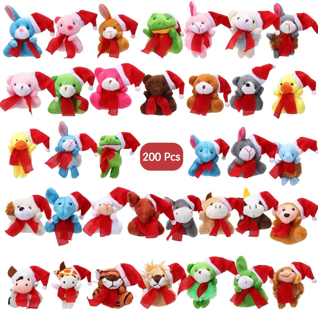 Poen 200 Pcs Mini Christmas Stuffed Animals Bulk Plush Christmas Tree Hanging Decorations Key Chain Animal Toy Set Small Toys for Kids Party Gifts Supplies(Mixed Style)