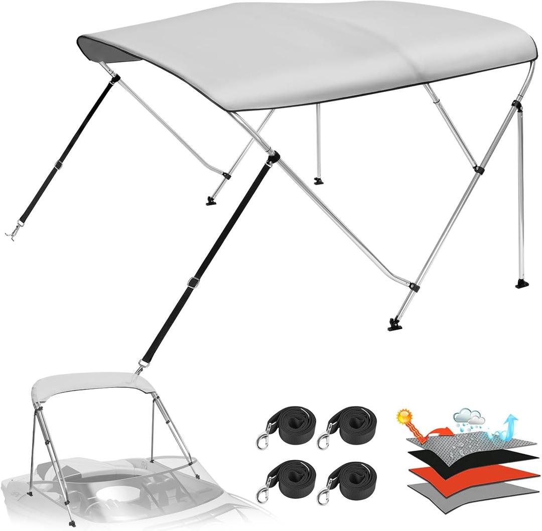 Solim 3-4 Bow Bimini Top Cover with 1" Aluminum Frame, Waterproof Oxford 1200D Sun Shade Boat Canopy, Marine Grade Canvas with Storage Boot, 4 Straps, 2 Rear Support Poles, Bimini Top for Boat, Gray