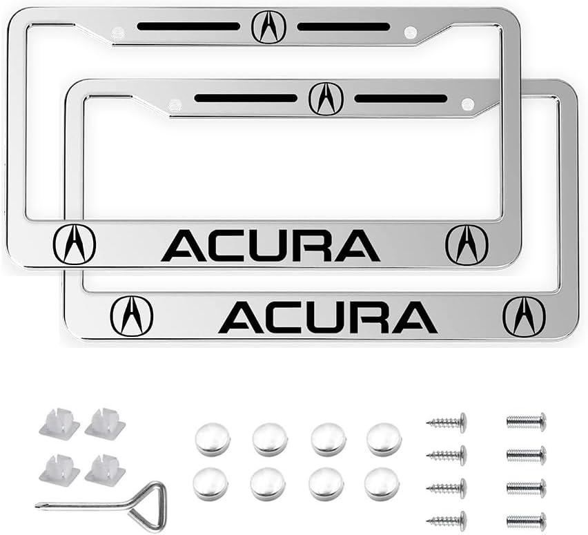 2 Pack Aluminum Alloy License Plate Cover Front Metal for Acura License Plate Frames with Chrome Screw Caps & 2 Holes (CAR06)