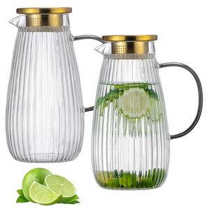 Buaic 2 PACK Glass Pitcher with Lid and Spout,64 oz/2 Liter Vertical Stripes Water Pitcher for Fridge, Clear Borosilicate Glass Water Carafe for Cold Brew, Coffee, Lemonade, Sun Tea,Heat Resistant