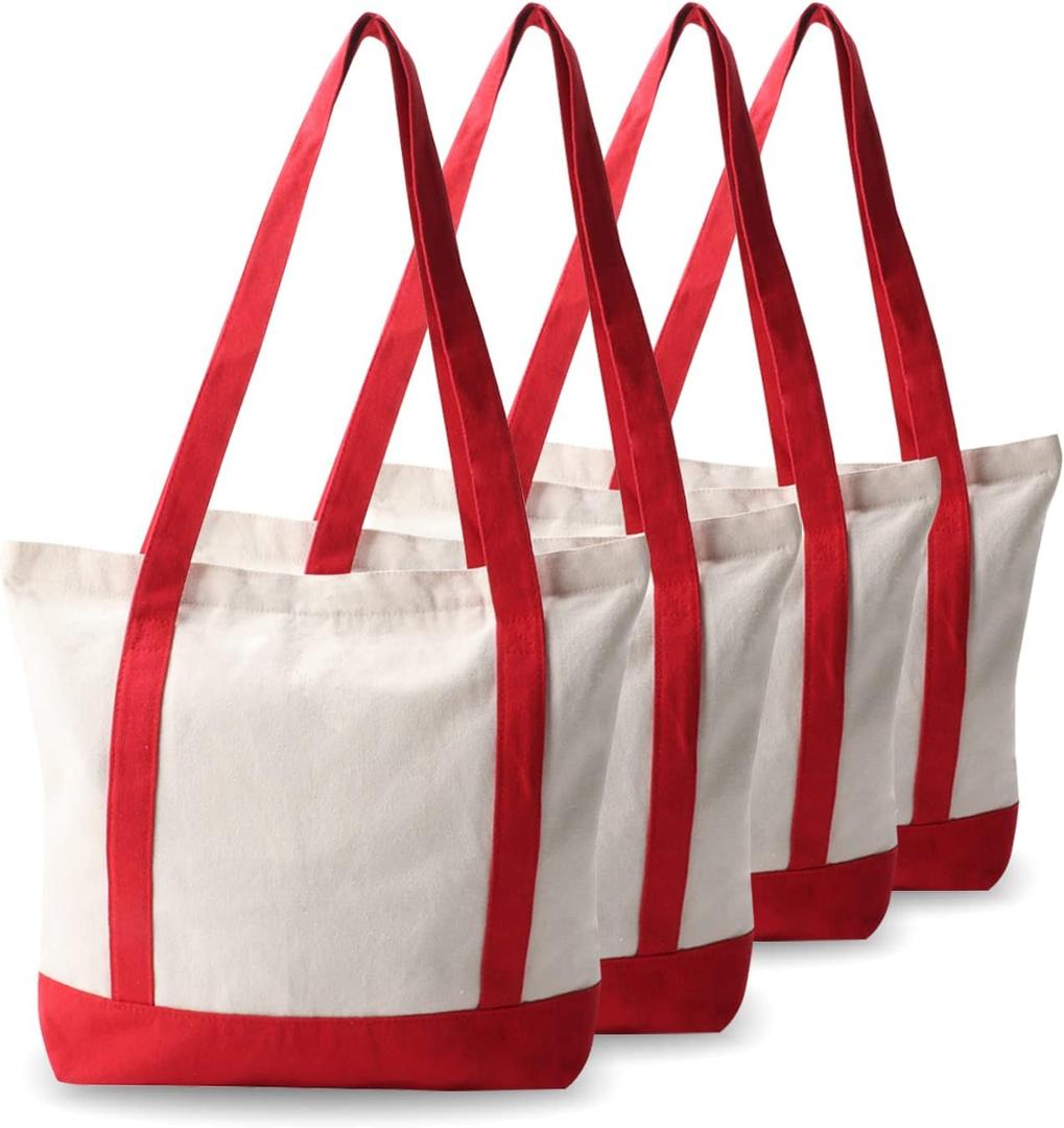 kaxilu Red Zippered Canvas Tote Bag 16.5"x 14"x5" Heavy Duty Plain Tote Bags 3PCS Reusable Canvas Tote Bags Bulk Cloth Grocery Bags