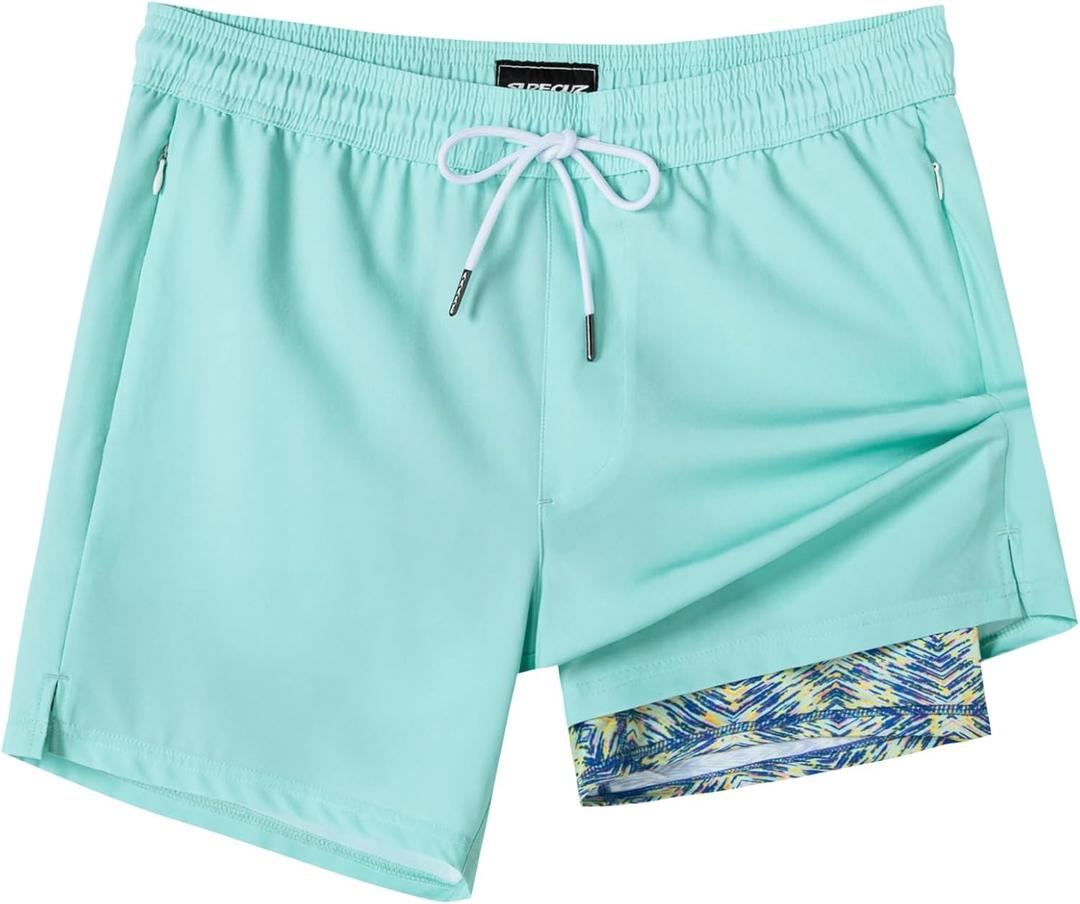 SURF CUZ Mens Swim Trunks with Compression Liner Swimming Trunks 5 Inch Bathing Suit Quick Dry Swim Shorts (Large, Haze Green Galaxy)
