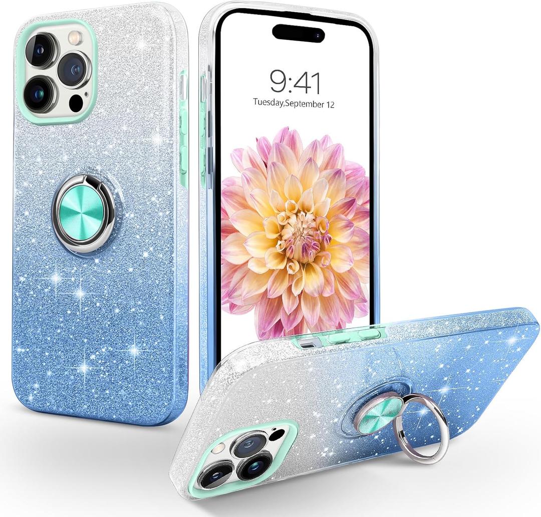 Compatible with iPhone 14 Pro Case,Magnetic Car Mount Supported Slim Thin Glitter Sparkle with 360 Ring Holder Kickstand Protective Phone Cover for iPhone 14 Pro 6.1", Gradient Blue