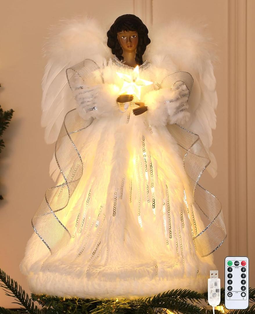 HMASYO Black Christmas Tree Topper Angel with Timer Lights, 12" African American Angel Tree Toppers with White Feather Wings, Star Light, Remote Control and USB Power Xmas Treetop Decor for Holiday