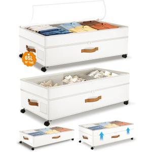 Under Bed Storage with Wheels, 10 inches Under Bed Storage Containers, 65L XXL Large Adjustable Underbed with Lids, Rolling Underbed Storage bins for Shoes, Clothes, Blankets, White