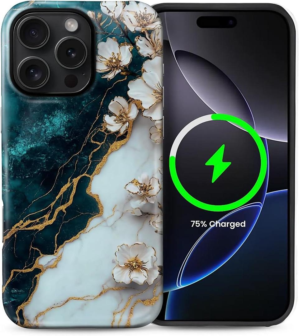 CARLOCA for iPhone 16 Pro Compatible with Magsafe Full Body Protective Glossy Case for Girl Boy Shockproof Magnetic Charge Esthetics Pattern Teal White Marble Flowers Stone