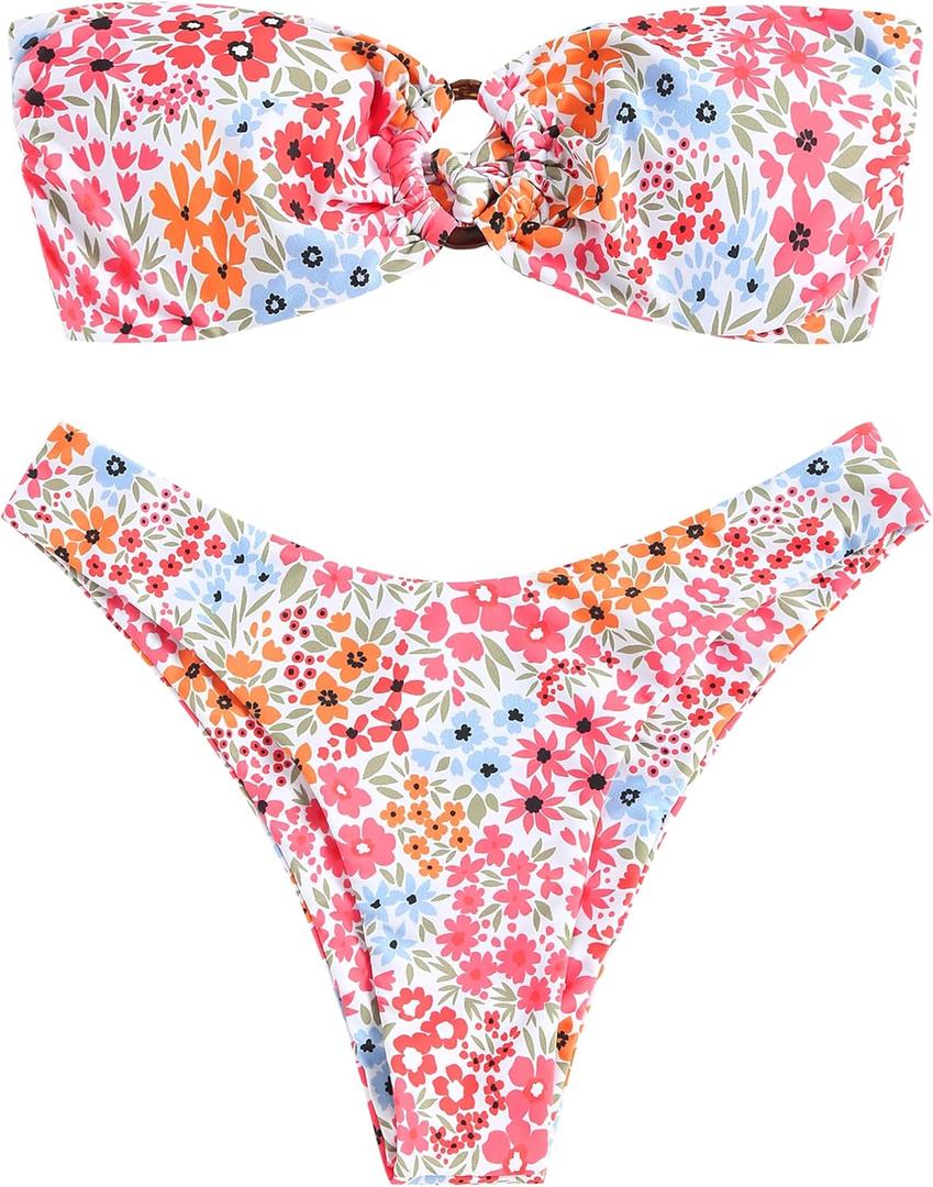 ZAFUL Women's Bandeau Bikini O Ring Strapless Tie Back High Cut Two Piece Swimsuit Bathing Suits (5-Floral Pink, S) ZAFUL Women's Bandeau Bikini O Ring Strapless Tie Back High Cut Two Piece Swimsuit Bathing Suits (5-Floral Pink, S)