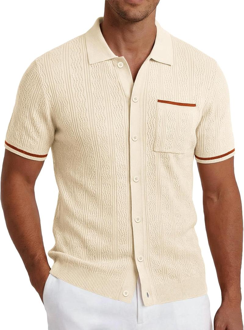 COOFANDY Men's Knit Button Down Shirt 2025 Vintage Short Sleeve Polo Shirt Casual Beach Tops (3X-Large, Cream)