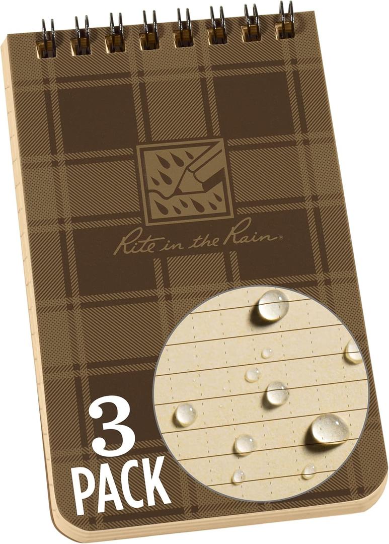 Rite in the Rain Weatherproof Top Spiral Notebook, 3 x 5, Brown and Tan Plaid Cover, Universal Pattern, 3 Pack (No. PL435-3)