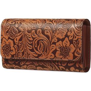 GOIACII Women's Wallet RFID Blocking Long Clutch Ladies Purse Vegan Leather Embossed Flower Brown