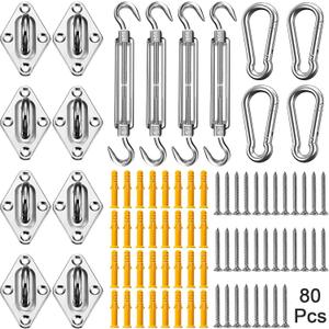 Duerer Sun Shade Sail Hardware Kit 80pcs for Rectangle Triangle Sun Shade Sails Canopy Installation 304 Stainless Steel Accessories Set for Outdoor Garden Patio (4 * 6inch M6 Turnbuckles)
