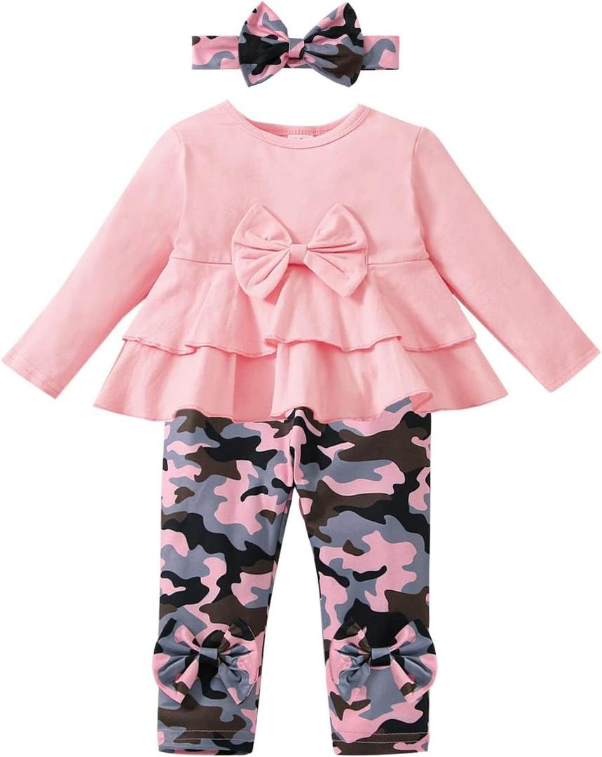 FOCUTEBB Baby Girl Clothes 18-24 Months Infant Girl Sweatshirt Outfits Fall Winter Outfits Long Sleeve Ruffle Tops Camo Pants Sets Headband Pink 18 24 Months