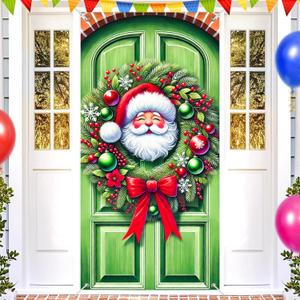 3 x Christmas Door Banner Set 35x71 Inch Santa Claus with Red Ribbon and Green Ornaments Home Porch Decoration Front Door Wall Hanging Party Holiday Outdoor Decoration