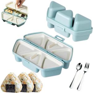6-in-1 Onigiri Mold, Triangle Sushi Mold Rice Ball Maker with Stainless Steel Spoon & Fork, Once Quickly Make 6 Rice Balls, Easy to Store Carry and Clean (Blue)