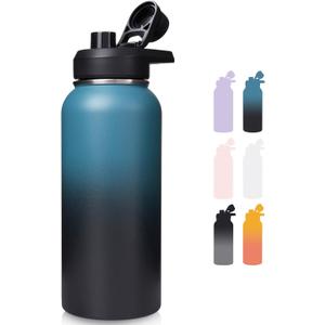Fijinhom 32 oz Insulated Water Bottle with Handle, 304 Stainless Steel Water Bottles with Wide Mouth, Double Wall Vacuum Sports Water Bottle, BPA Free, Keep Cold and Hot, Blue&Black