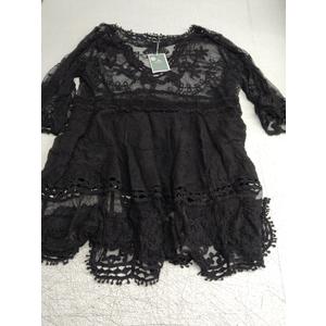 Eomenie Women's Contrast Lace Bathing Suit Cover Up V-Neck Swimsuit Coverups Loose Swimwear Beach Dress Beachwear One Size Black