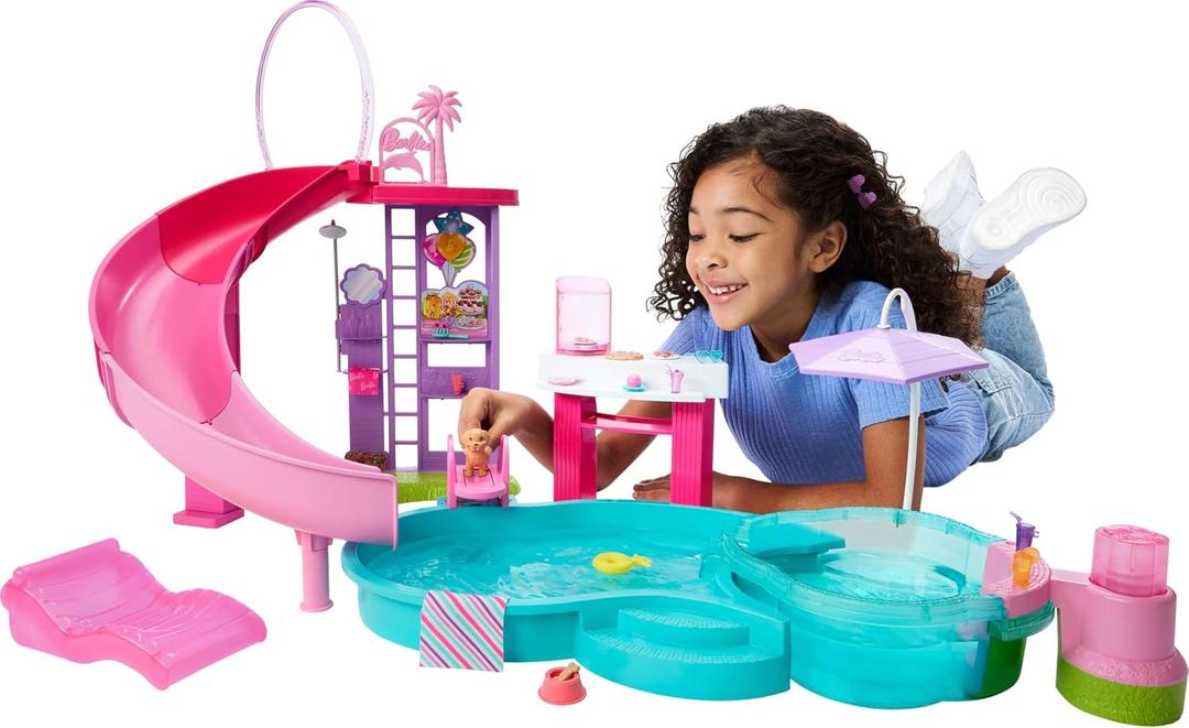 Barbie Dream Pool Playset with 6 Play Areas, Including Slide & Bubbling Hot Tub, Plus 20+ Accessories Like Pet, Floaties & More, 1-pack