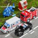 JOYIN 4 Packs Emergency Vehicle Toy Playsets, Friction Powered Vehicles with Light and Sound, Including Fire Truck, Ambulance, Play Police Car and Helicopter, Toddler Kids Boys Gifts