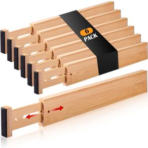 Fabsome Drawer Divider 6 Pack, Bamboo Kitchen Dividers Organizers Adjustable 17''-22'', Wooden Dresser Separators for Nursery Organization Clothes Socks Underwear Baby Clothing, with Soft Foam Ends