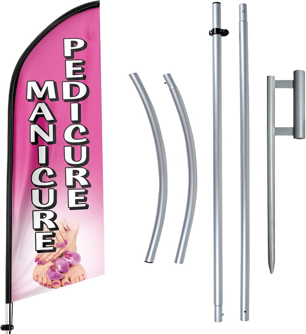 Manicure Pedicure Feather Flag Banner, 11Ft with Flag Pole and Ground Stake, Advertising Sign for Business