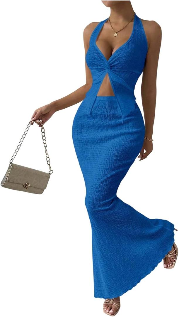 SOLY HUX Women's Two Piece Outfits Twist Front Halter Cami Tops and Skirt Summer Set (Medium, Plain Blue)