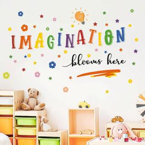 Inspirational Wall Decals,Imagination Belong Here Window Clings,Daycare Wall Decals,Classroom Window Stickers,Flower Educational Quotes Sticker for Classroom School Kid's Room Nursery (Colourful)