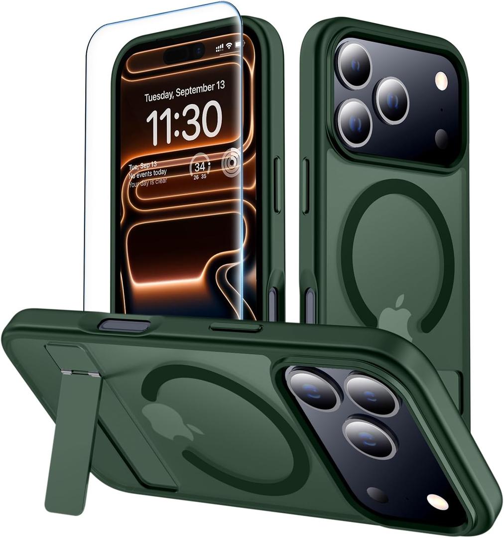 2 x xiwxi for iPhone 17 Pro Case with Kickstand,[Compatible with Magsafe][1*Screen Protector],Military-Grade Protection & Anti-Yellowing,Magnetic Case for iPhone 17 Pro,Green