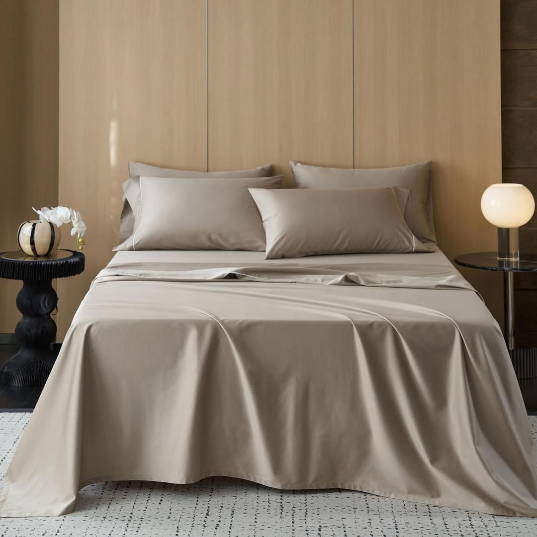 MooMee King Size Sheets Set, 100% Extra Long Staple Cotton 600TC Sateen Weave Cooling Breathable Silky Soft Luxury Hotel Quality Bed Sheets with 17" Deep Pocket - 4 Piece (Tannish Gray, King)