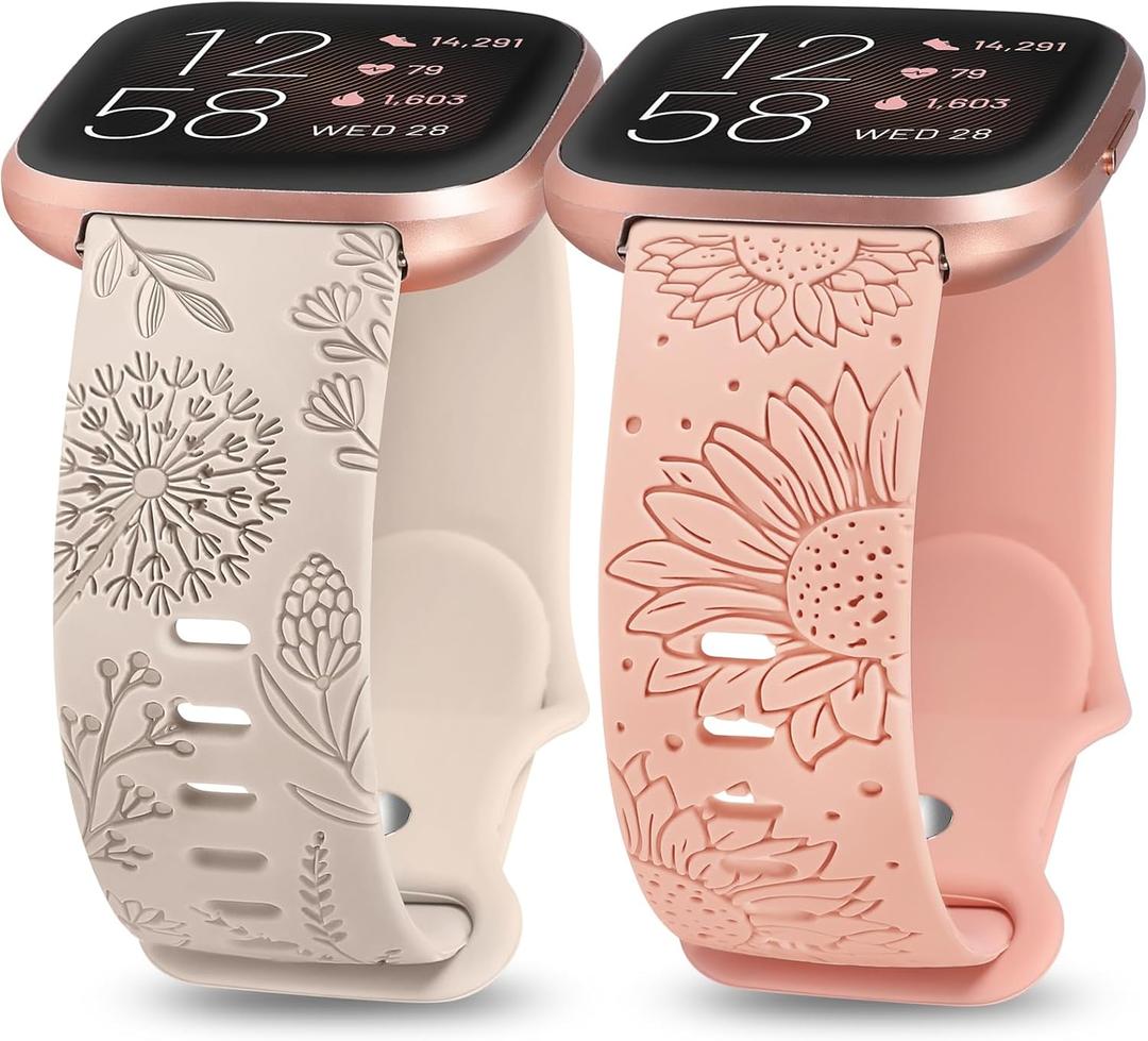 Minyee 2 Packs Floral Engraved Band Compatible with Fitbit Versa 2/Fitbit Versa/Versa Lite Bands Women, Cute Soft Silicone Sunflower Dandelion Sport Designer Fancy Summer Strap for Versa 2 Smart Watch (Starlight/Pink)
