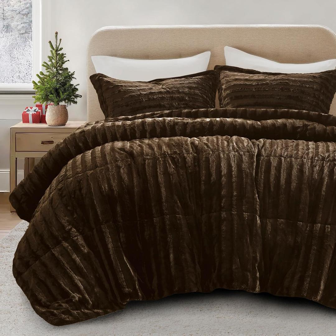 Madison Park Duke Luxe Faux Fur Reversible Comforter Set, Soft Plush Reverse, Modern Down Alternative Filling Cozy Bedding, Box Quilted Warm Cover, Matching Shams, Full/Queen, Chocolate 3 Piece, Size: Full/Queen
