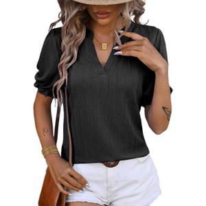 Dokotoo Womens Summer Short Puff Sleeves Blouses Shirts V Neck Cute Solid Knit Textured Casual Regular Fit Tops (Black, XXL)