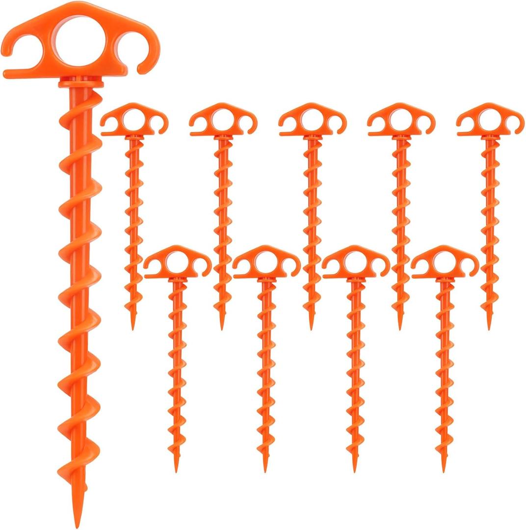 Tent Stakes Ground Anchors Screw in, 10 Pack Sand Stakes for Beach 9.4 Inch Heavy Duty Spiral Tent Pegs for Camping, Party, Hiking, Outdoor Decoration (10, Orange)