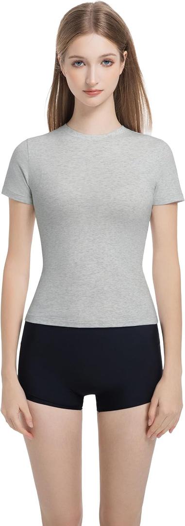 Womens Slim Fitted Crew Neck T-Shirt Stretchy Cotton Y2K Short Sleeve Tees for Workout Basic Tees Going Out Tops (Gray, S)