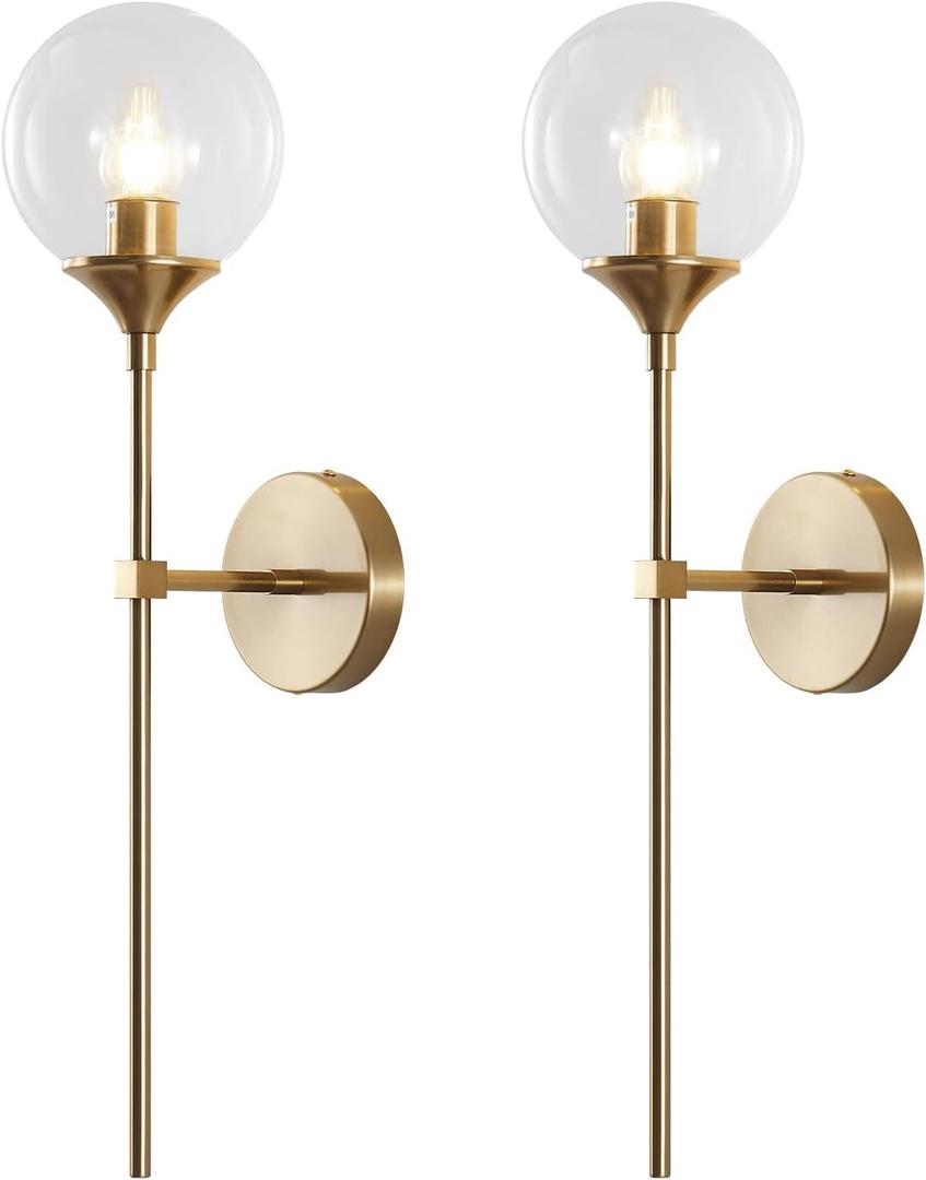 KCO Lighting Gold Globe Wall Sconce Mid Century Modern Glass Wall Light Fixtures Bathroom Mirror Vanity Wall Lamp Set of Two for Living Room Bedroom (Clear)
