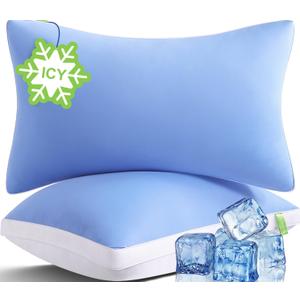 Cooling Bed Pillows Queen Size Set of 2, Cool for Hot Sleepers, Soft Gusseted Hotel Down Alternative Pillow 2 Pack for Side Back Stomach Sleeper, Supportive, Pain Relief, ICY Blue, 20" x 30"