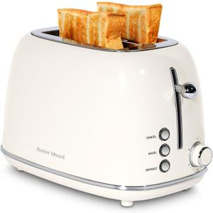Roter Mond 2 Slice Toaster Retro Stainless Steel with Bagel, Cancel, and Defrost Functions, 6 Bread Shade Settings, Extra Wide Slots and Removable Crumb Tray, Cream