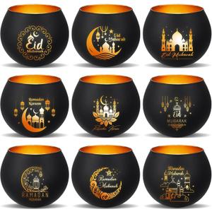 9 Sets Ramadan Candle Holders with Votive Tealights Ramadan Mubarak Table Decoration for Home 9 Designs Eid Table Centerpiece Islamic Gift(Black)