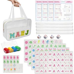Mini Mahjong Set, American Mahjong Game Set, Complete Mahjong Tile Set with 166 White Tiles (1.2’’), 4 Tile rulers, 4 dice, 1 Bag, 100 Chips, 5 Instruction Manuals, Mahjong Game Gift for Enthusiasts