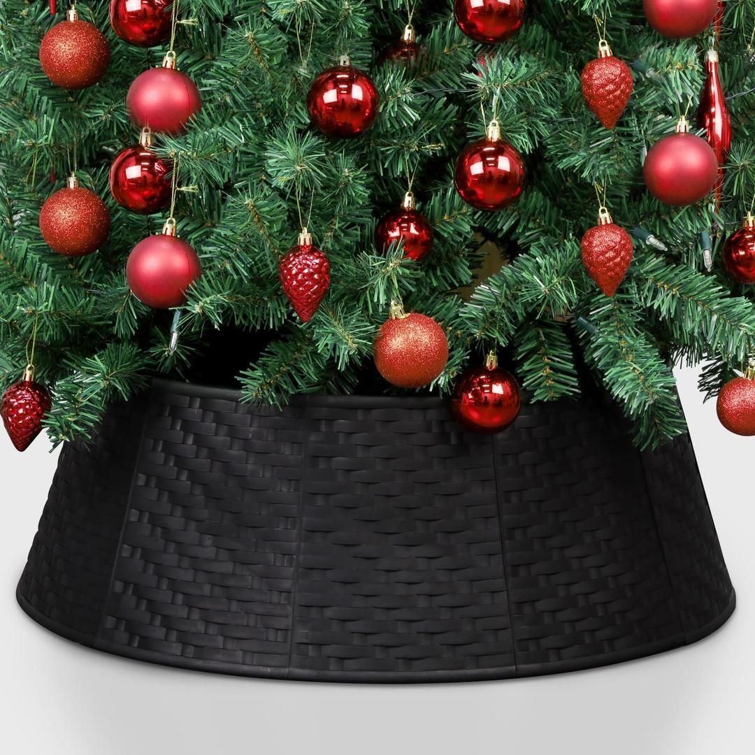 Blissun Christmas Tree Collar, 28.7" D Round Plastic Christmas Tree Ring, Christmas Tree Skirt for Artificial Christmas Trees Decoration (Black)